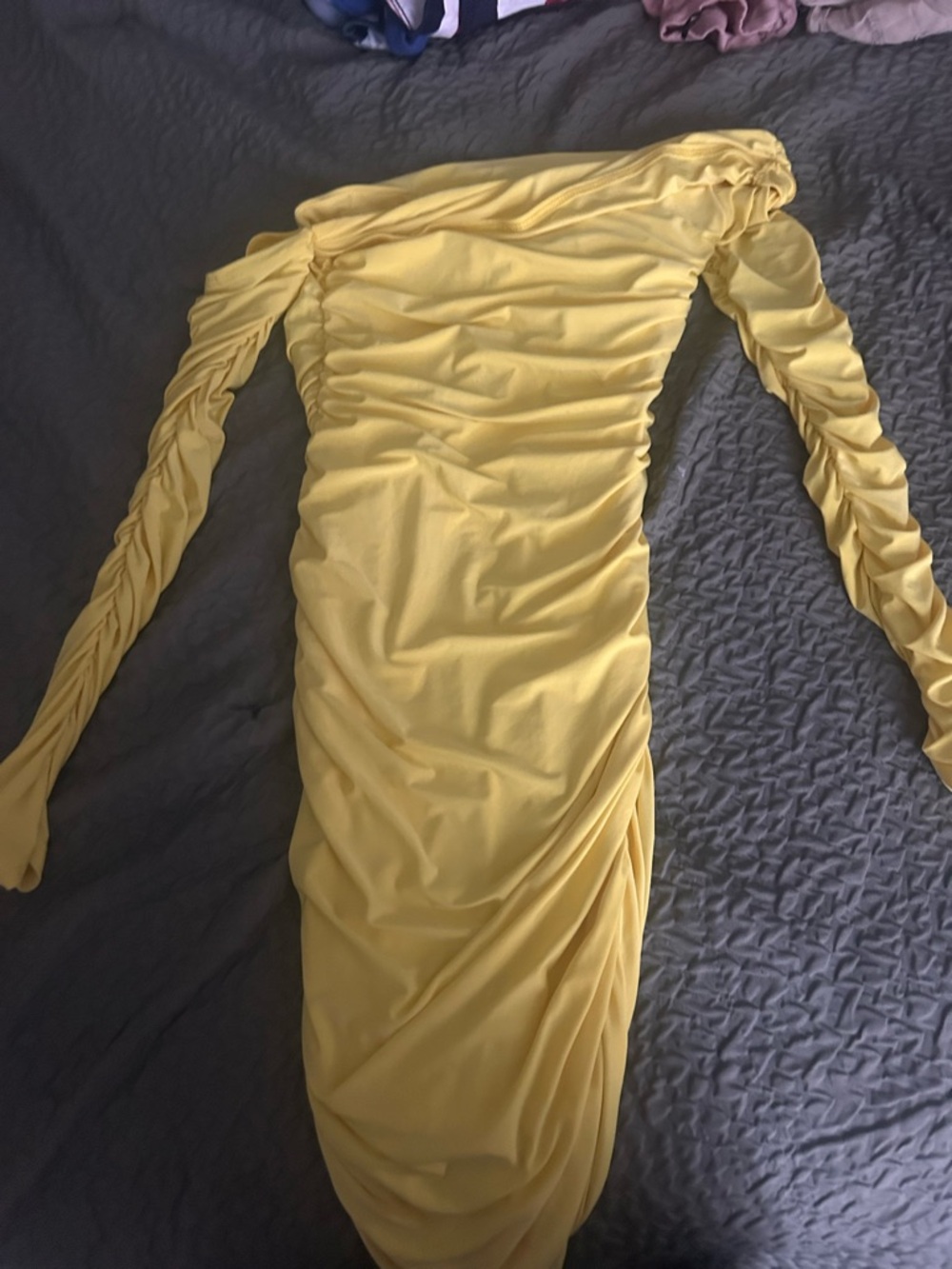 Fashion Nova Yellow One-Shoulder Ruched Midi Dress